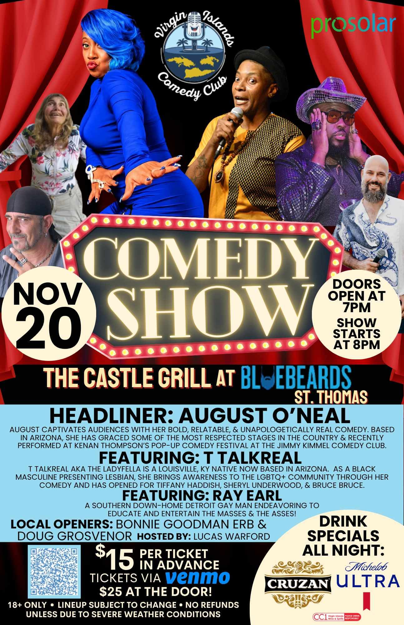 Virgin Islands Comedy Club at The Castle Grill, Bluebeard’s — 8:00 PM (doors 7:00 PM) event flyer